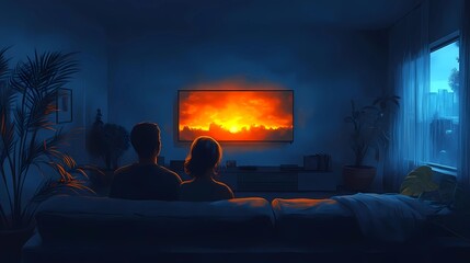 illustration of a family sitting together on a sofa, watching television in a cozy living room, warm colors and minimalistic details, representing the bonding power of TV