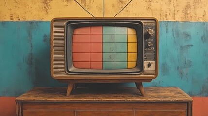  illustration of a vintage television set with antennas and color bars displayed on the screen, using soft pastel tones and simple shapes, celebrating the history of television