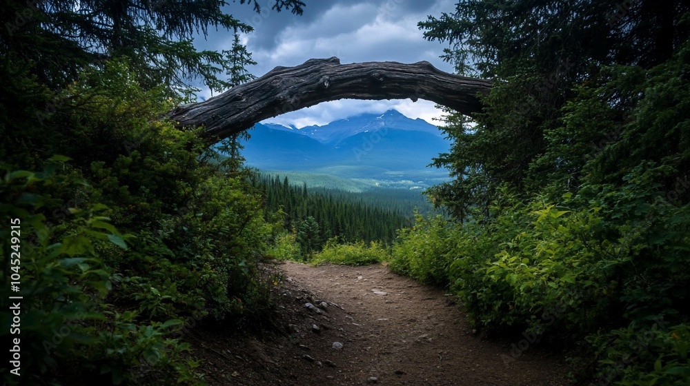 Poster a fallen log creates a natural archway framing a view of a mountain range in a lush forest.