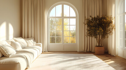 Design for a cream-colored apartment living room with smooth arc doors, comfortable furniture, and simple lighting.