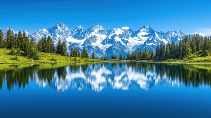 Fototapeta premium Pristine Snow-Covered Peaks Reflected in Serene Lake