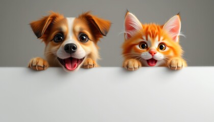 Obraz premium Illustration of Cheerful Dog and Cat Peeking