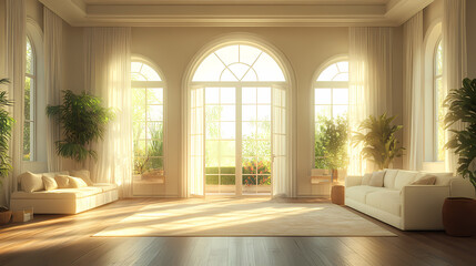 Design for a cream-colored apartment living room with smooth arc doors, comfortable furniture, and simple lighting.