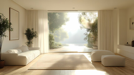 Design for a cream-colored apartment living room with smooth arc doors, comfortable furniture, and simple lighting.