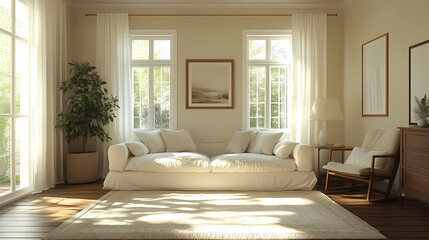 Design for a cream-colored apartment living room with smooth arc doors, comfortable furniture, and simple lighting.
