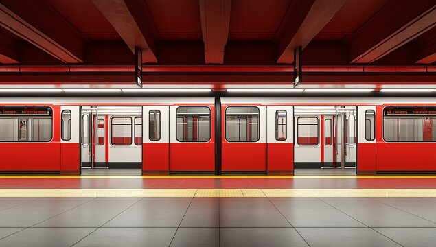 Modern subway station with red and silver trains docking at the platform during early morning hours in an urban setting