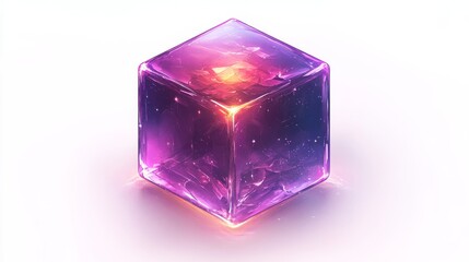 A mesmerizing purple and pink crystal cube glowing with ethereal light, creating a mystical atmosphere.