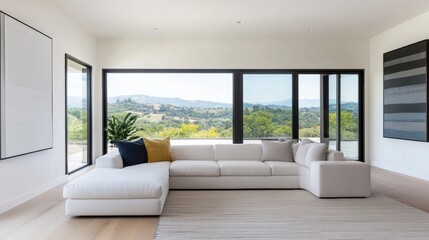 Fototapeta premium Spacious Living Area with View and Modern Sofa