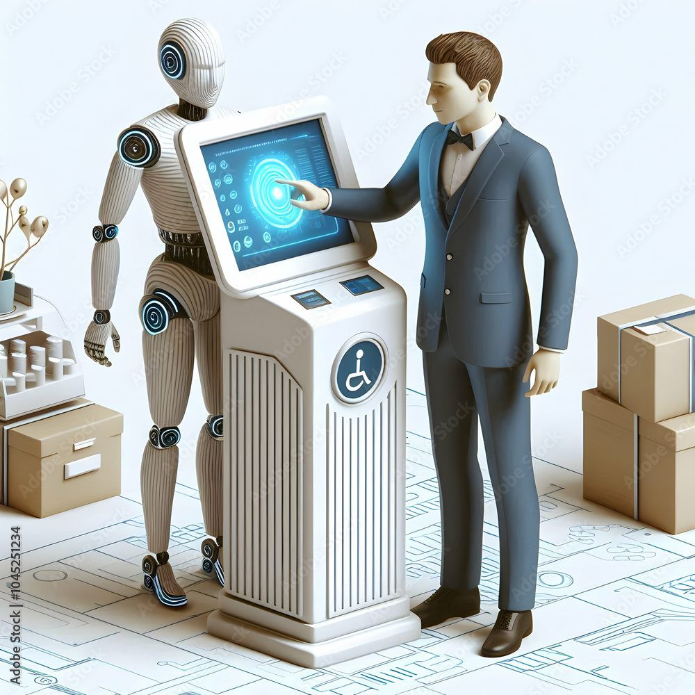 Aufkleber 3d automated hospitality services concept - candid shot hotel receptionist using automated check-in 