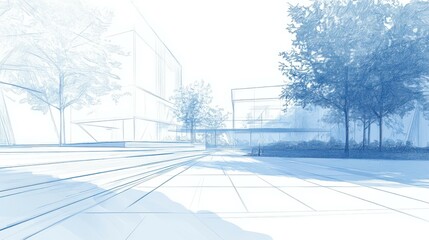 A detailed architectural landscape sketch in perspective, with ample room for copy space on a minimalist backdrop
