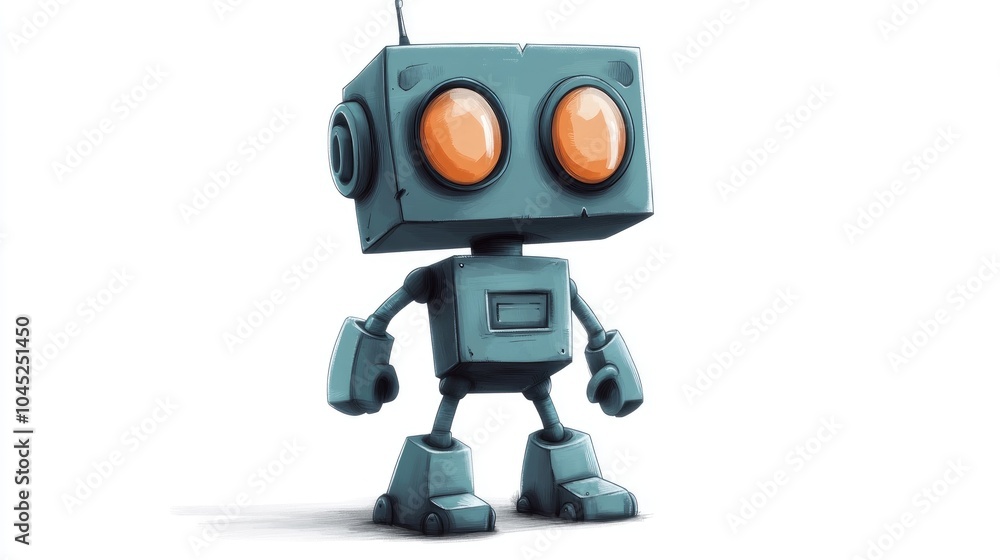 Poster vintage style 2d cartoon robot on a white background adding a playful touch to your creative project