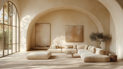 Design for a cream-colored apartment living room with smooth arc doors, comfortable furniture, and simple lighting.