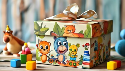 Naklejka premium Whimsical animal-themed gift box surrounded by colorful toys and blocks perfect for celebrating childhood joy and imagination