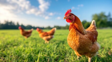 Fototapeta premium Exploring the life of free-range chickens in a lush green field under clear blue skies.