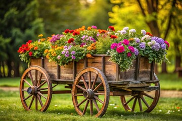 Forced perspective vintage wagon adorned with annual flowers