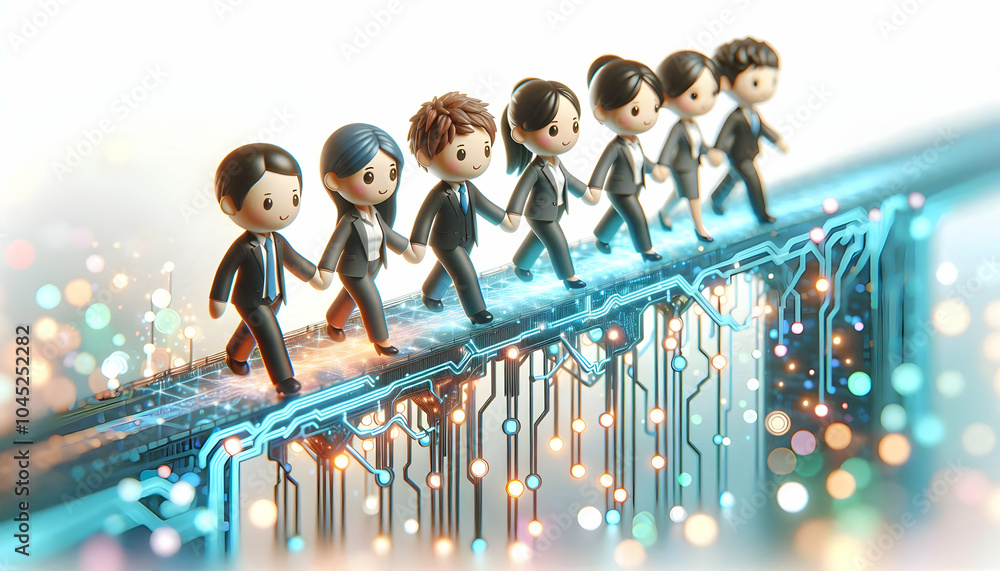 Aufkleber 3d business team crossing digital bridge concept - wide shot of business team on code circuits bridg