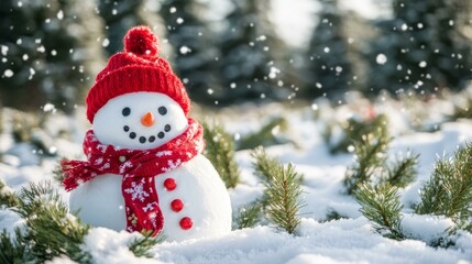 Obraz premium snowman wearing red hat and scarf