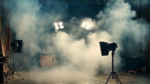 A photography studio with a stage and lights ready for a photoshoot, set against a smoky backdrop