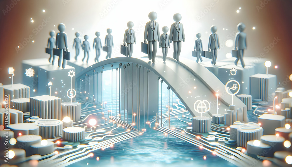Poster 3d business team crossing digital bridge concept wide shot collaboration code circuits milestones te
