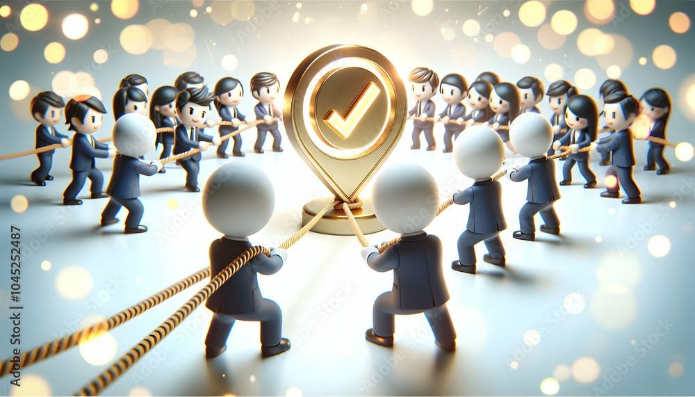 Aufkleber 3d business team pulling digital rope towards milestone icon | teamwork achievement concept | abstra