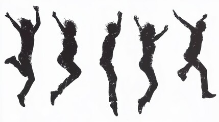 Dynamic silhouettes of a male and female jumping in various poses, showcasing joy and movement against a light background.