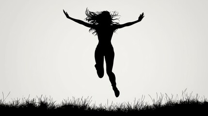Silhouette of a young woman joyfully jumping outdoors, embodying freedom and energy.