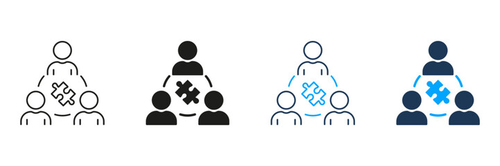 Puzzle Jigsaw and Partnership Success Line and Silhouette Icon Set. Unity, Team Building Pictogram. Business Community. Collaboration and Teamwork Icon. Editable Stroke. Isolated Vector Illustration