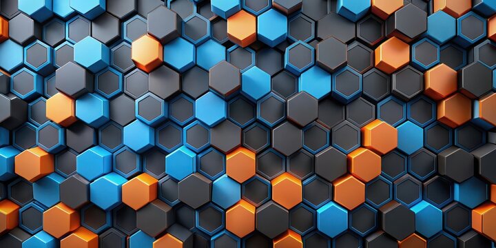 A geometric pattern of hexagonal shapes in black, blue, and orange, creating an abstract and visually compelling design.