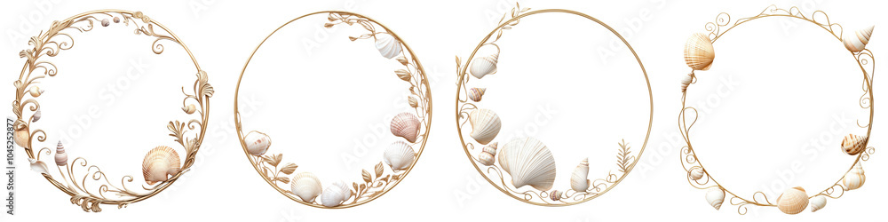 Poster four circular wreaths adorned with assorted shells and natural elements, set against a dark backdrop