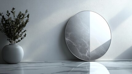 A modern minimalist interior with a round marble mirror and a potted plant, creating a serene ambiance.