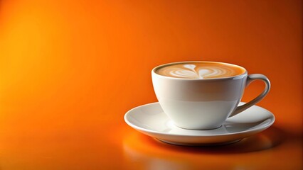 Forced perspective white latte coffee cup on orange background