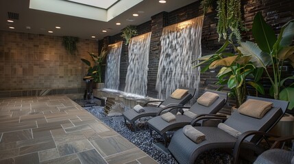 A spacious relaxation area with comfortable lounge chairs and a soothing waterfall feature.