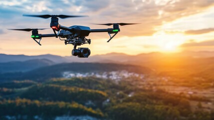 Fototapeta premium A drone flying over a landscape, capturing aerial footage with a high-resolution camera, representing the use of drone technology in mapping and surveillance.