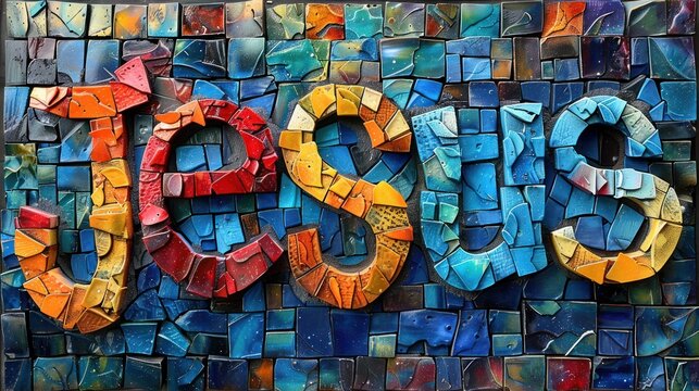 Colorful mosaic artwork of the name Jesus, showcasing vibrant tiles in a unique and captivating design. Generative AI