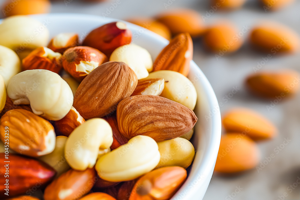 Poster a delightful mix of almonds, cashews, and other nuts fills a white bowl, creating a tempting display