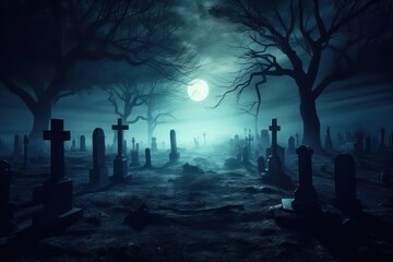 Graveyard tombstones mysterious atmosphere.