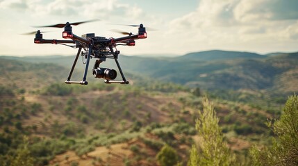 A drone flying over a landscape, capturing aerial footage with a high-resolution camera, representing the use of drone technology in mapping and surveillance.