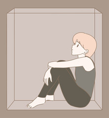 Sad young man sitting in small box. Discouraged man is trapped. Hand drawn flat cartoon character vector illustration. 