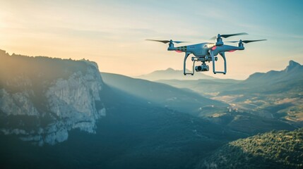 A drone flying over a landscape, capturing aerial footage with a high-resolution camera, representing the use of drone technology in mapping and surveillance.