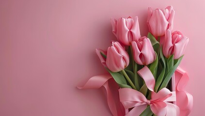 Fototapeta premium Pink tulips in gift box with ribbon on pink background, copy space for text....