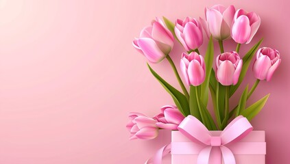 Obraz premium Pink tulips in gift box with ribbon on pink background, copy space for text...