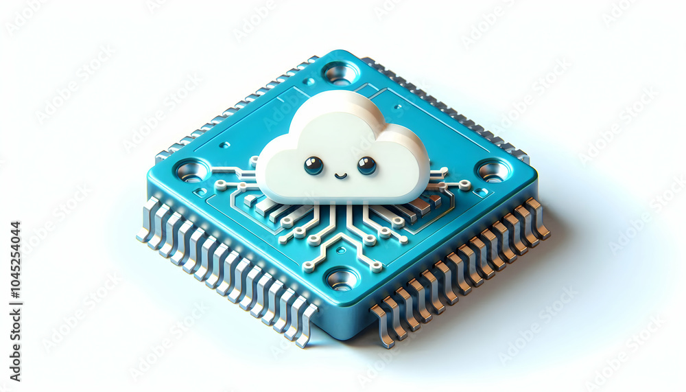 Poster 3d close up cloud icon microchip concept, macro image illustrating cloud technology integration at h
