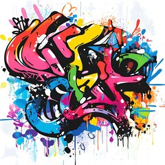 Colorful graffiti art with abstract shapes and splashes of paint on a white background.