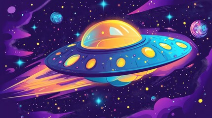 Naklejka premium Whimsical and vibrant illustration of a cosmic alien spaceship perfect for children s content