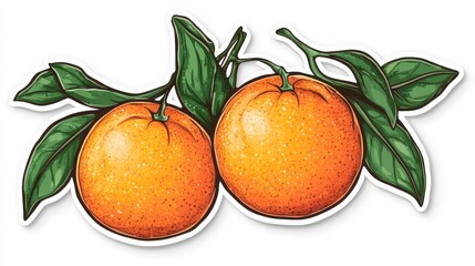 Two ripe oranges with green leaves, showcasing vibrant color and texture in a fresh produce illustration.