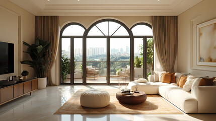Design for a cream-colored apartment living room with smooth arc doors, comfortable furniture, and simple lighting.