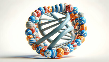 3D Macro Image of DNA Strand Interwoven with Athletic Symbols, Emphasizing Genetic Milestones in Exercise and Technology, Iconic Design on White Background, Modern Visual Concept in Germany.