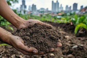 Farmer holding soil with cityscape in background