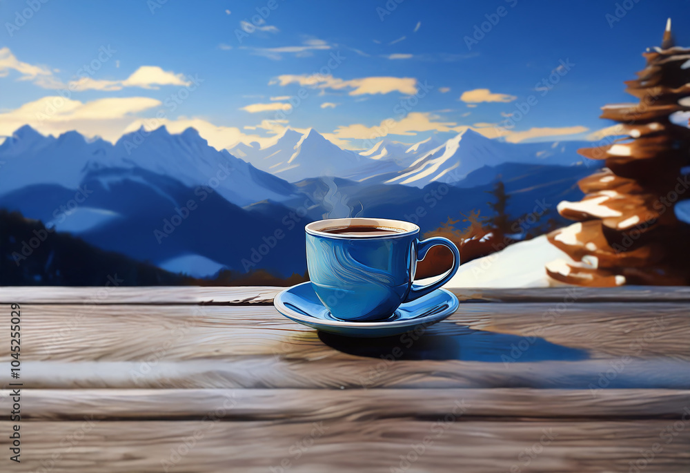 Poster A steaming cup of coffee sits on a wooden table overlooking a snowy mountain range.  The sky is a vibrant blue with wispy clouds.