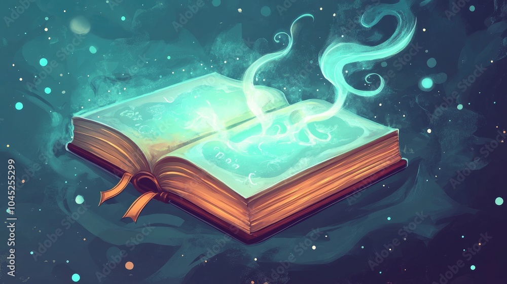 Poster cartoon spellbook featuring a thought bubble design in a smooth gradient style